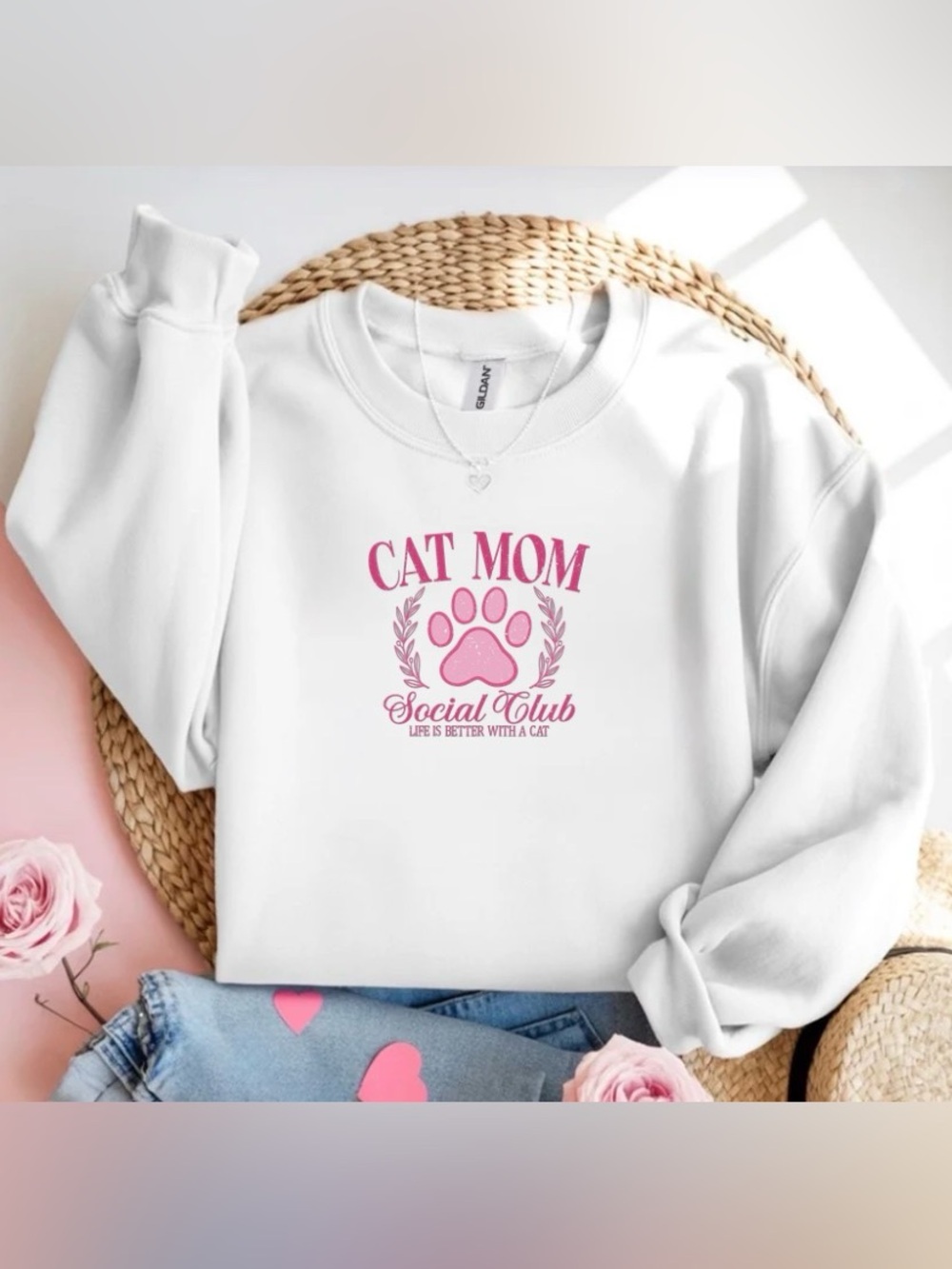 Cat Mom Social Club Pink Paw White Crewneck Sweatshirt Cat Lover Gift